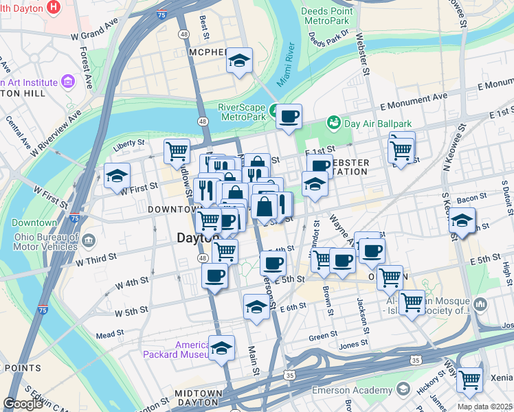 map of restaurants, bars, coffee shops, grocery stores, and more near 40 North Jefferson Street in Dayton