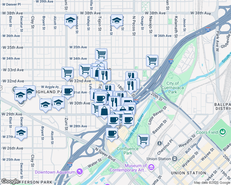 map of restaurants, bars, coffee shops, grocery stores, and more near 1731 Boulder Street in Denver