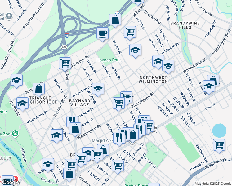 map of restaurants, bars, coffee shops, grocery stores, and more near 2925 North Madison Street in Wilmington