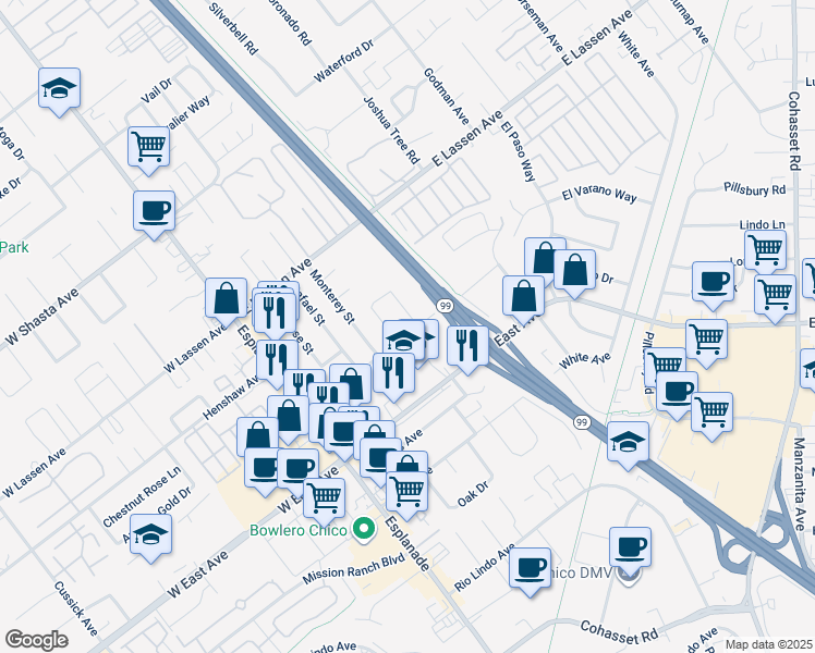 map of restaurants, bars, coffee shops, grocery stores, and more near 360 Panama Ave in Chico