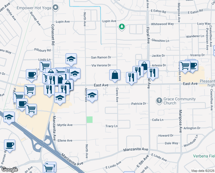 map of restaurants, bars, coffee shops, grocery stores, and more near 5 Cambridge Court in Chico