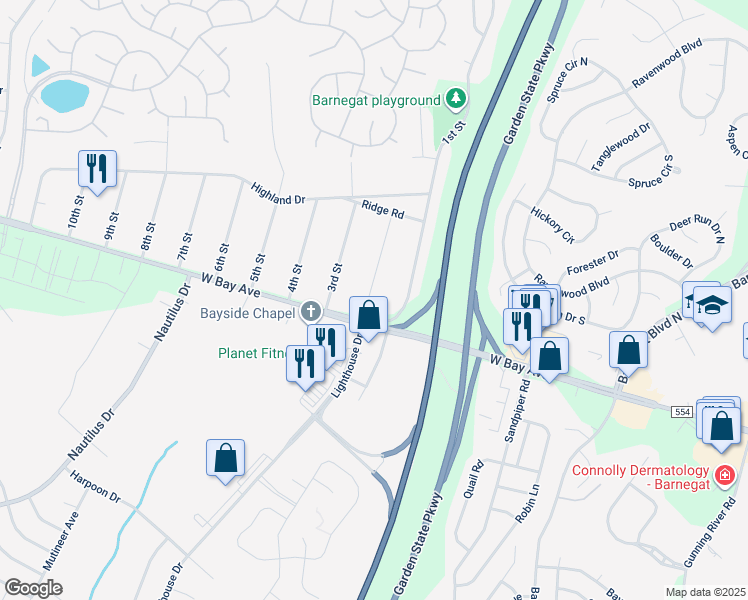 map of restaurants, bars, coffee shops, grocery stores, and more near 6 2nd Street in Barnegat Township