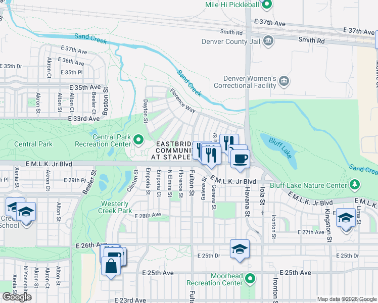 map of restaurants, bars, coffee shops, grocery stores, and more near 10066 East 31st Avenue in Denver