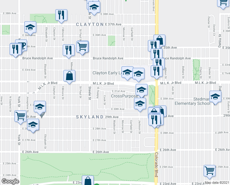map of restaurants, bars, coffee shops, grocery stores, and more near 3540 East 31st Avenue in Denver