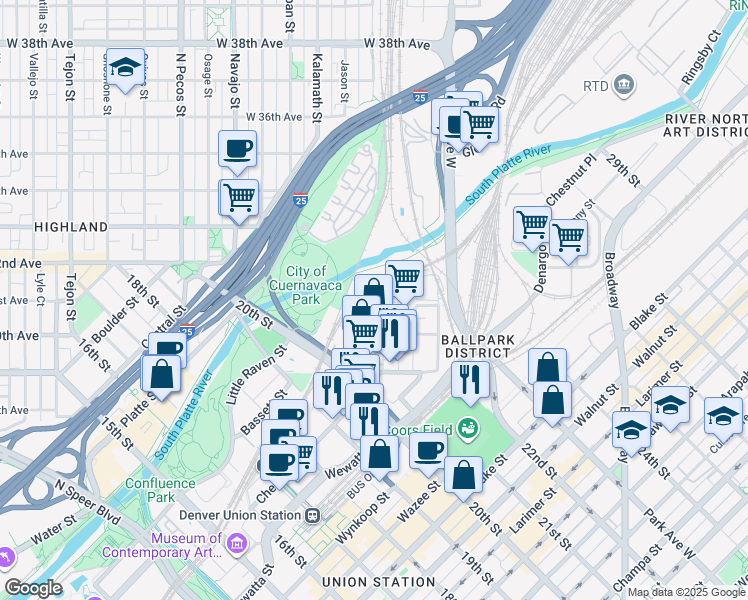 map of restaurants, bars, coffee shops, grocery stores, and more near 3100 N Inca Street in Denver