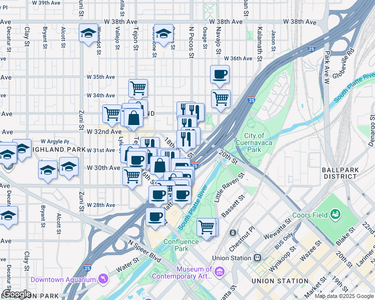 map of restaurants, bars, coffee shops, grocery stores, and more near 2520 18th Street in Denver