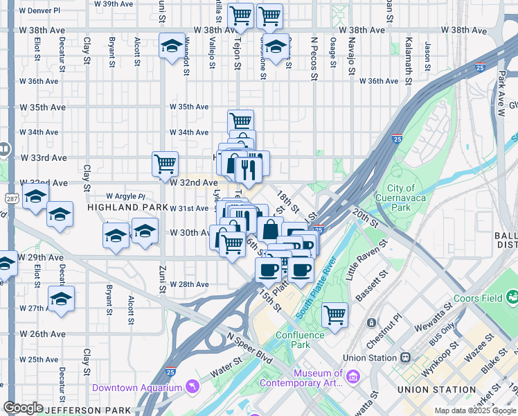 map of restaurants, bars, coffee shops, grocery stores, and more near 3000 Tejon Street in Denver