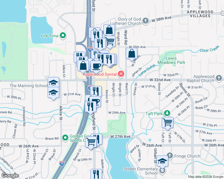 map of restaurants, bars, coffee shops, grocery stores, and more near 3130 Wright Court in Wheat Ridge