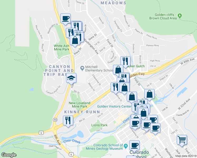 map of restaurants, bars, coffee shops, grocery stores, and more near 422 Cheyenne Street in Golden