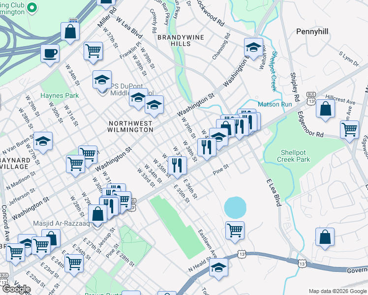 map of restaurants, bars, coffee shops, grocery stores, and more near 100 West 37th Street in Wilmington