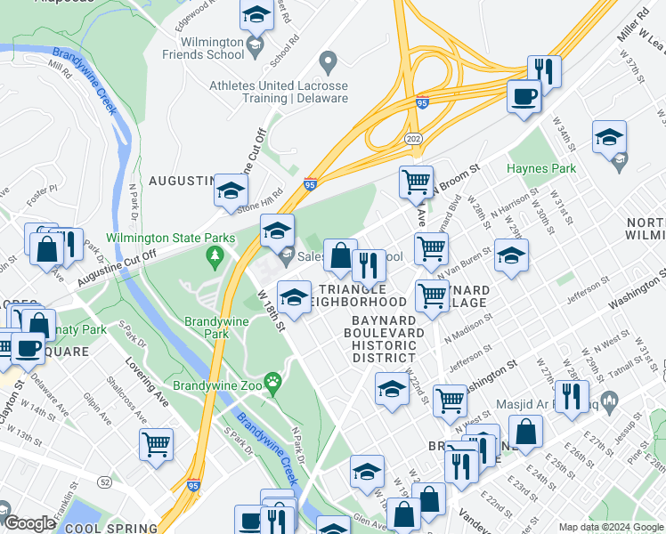 map of restaurants, bars, coffee shops, grocery stores, and more near 902 West 21st Street in Wilmington