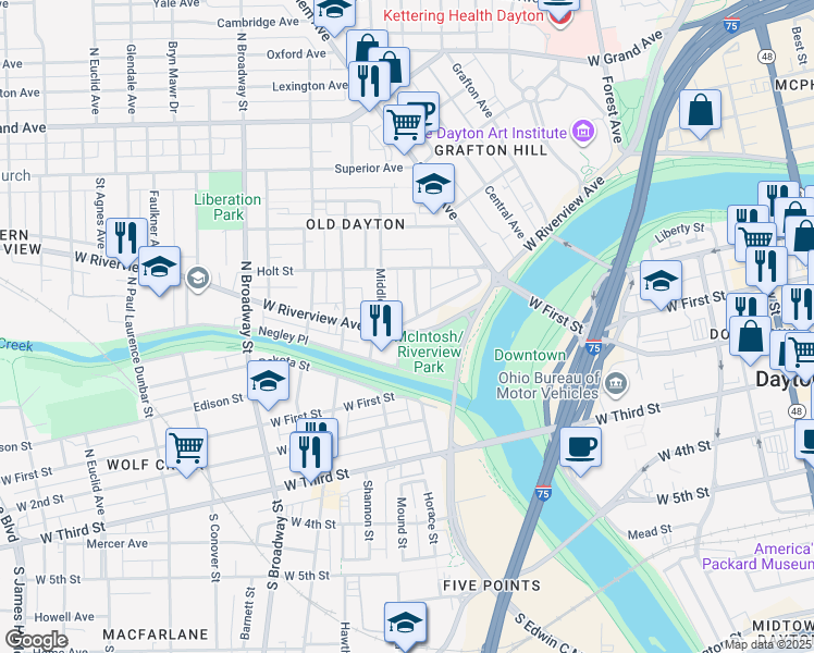 map of restaurants, bars, coffee shops, grocery stores, and more near in Dayton