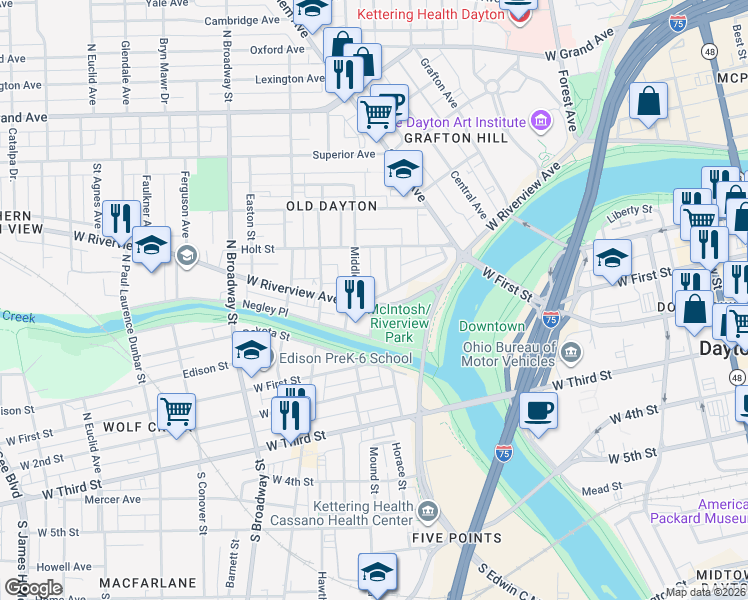 map of restaurants, bars, coffee shops, grocery stores, and more near in Dayton