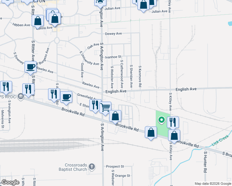 map of restaurants, bars, coffee shops, grocery stores, and more near 6027 English Avenue in Indianapolis