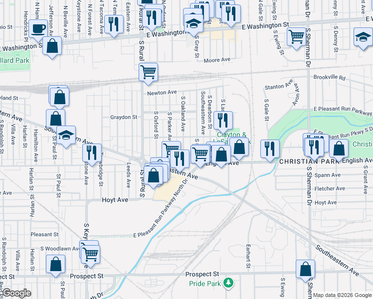 map of restaurants, bars, coffee shops, grocery stores, and more near 438 South Gray Street in Indianapolis