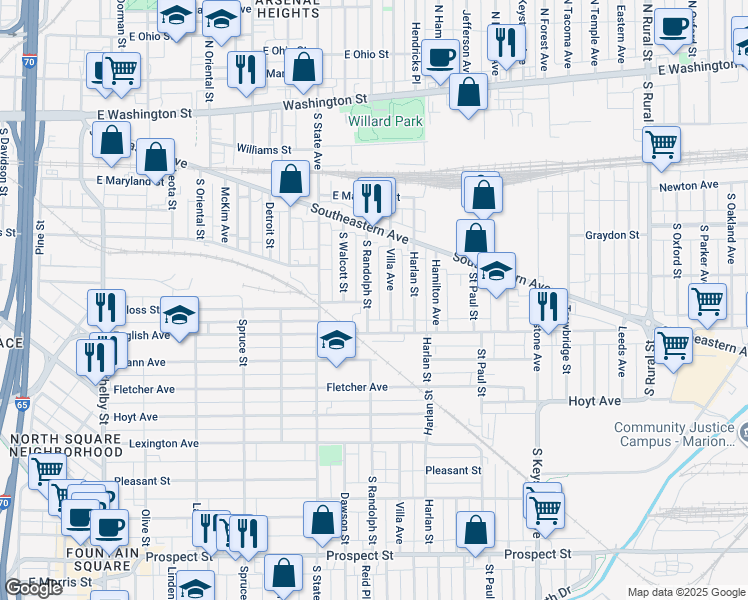 map of restaurants, bars, coffee shops, grocery stores, and more near 411 South Randolph Street in Indianapolis