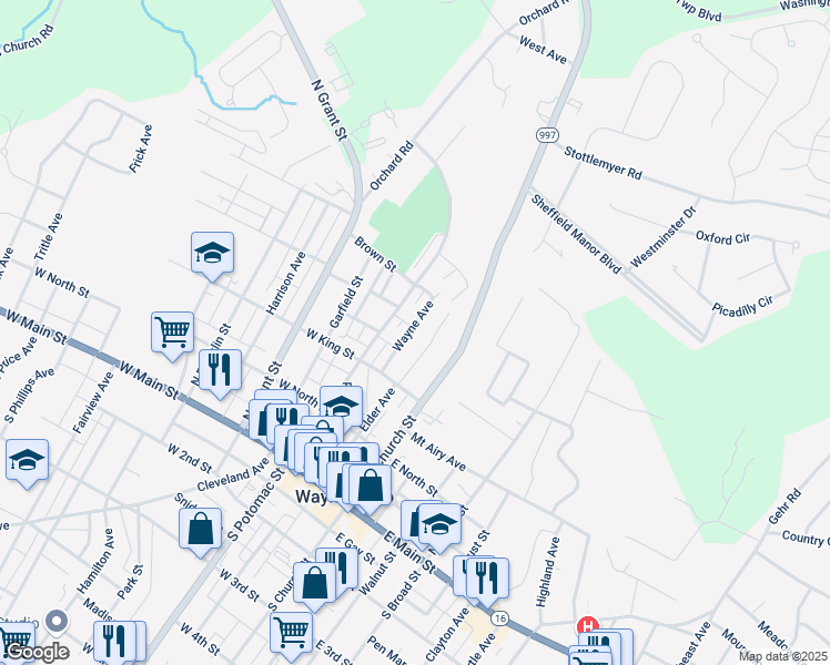 map of restaurants, bars, coffee shops, grocery stores, and more near 247 Wayne Avenue in Waynesboro