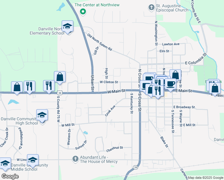 map of restaurants, bars, coffee shops, grocery stores, and more near 502 West Main Street in Danville