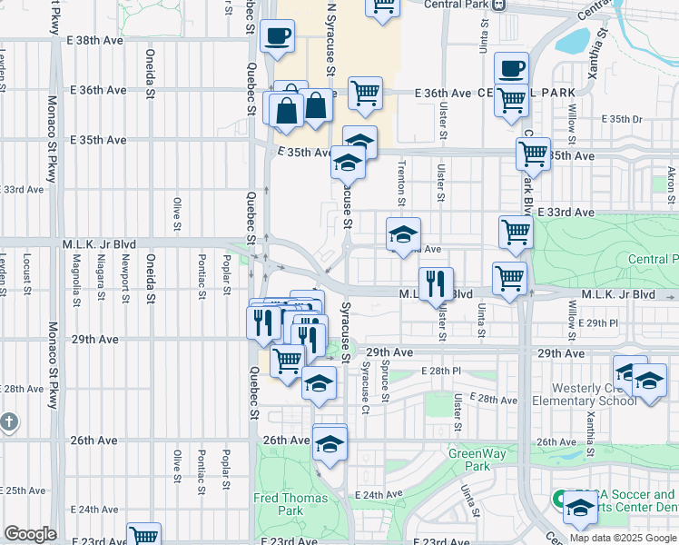 map of restaurants, bars, coffee shops, grocery stores, and more near 3107 Syracuse Street in Denver
