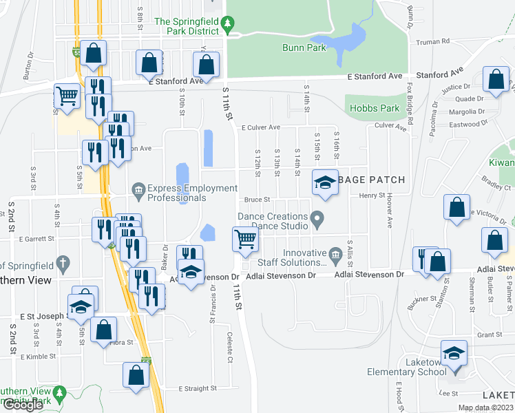map of restaurants, bars, coffee shops, grocery stores, and more near 3005 South 12th Street in Springfield