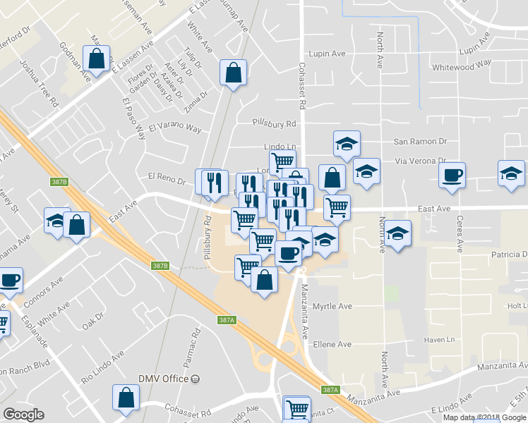 map of restaurants, bars, coffee shops, grocery stores, and more near 816 E Street in Biggs