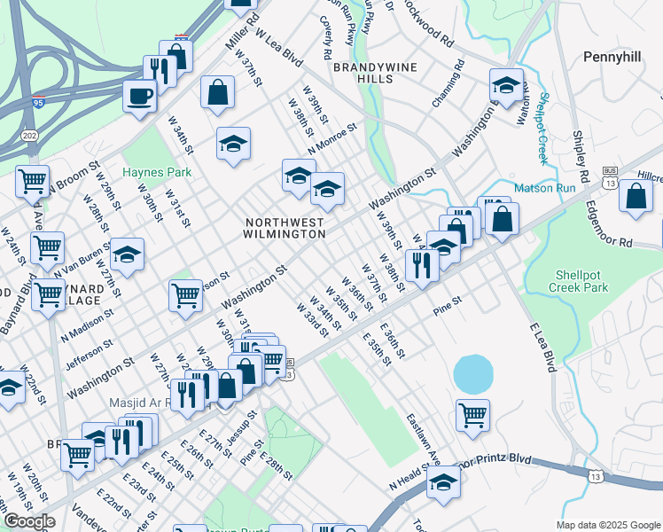 map of restaurants, bars, coffee shops, grocery stores, and more near 182 West 36th Street in Wilmington