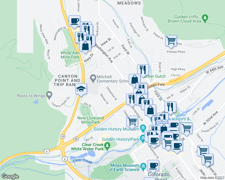 map of restaurants, bars, coffee shops, grocery stores, and more near 422 Cheyenne Street in Golden
