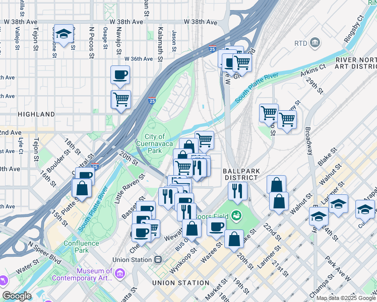 map of restaurants, bars, coffee shops, grocery stores, and more near 3100 Inca Street in Denver
