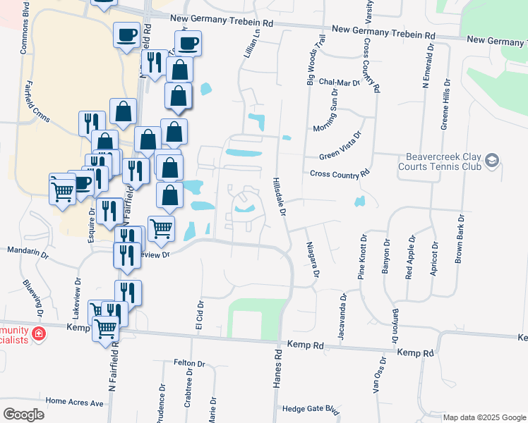 map of restaurants, bars, coffee shops, grocery stores, and more near 2498 Heather Glen Drive in Dayton