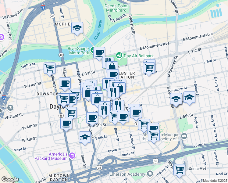 map of restaurants, bars, coffee shops, grocery stores, and more near 403 East 3rd Street in Dayton