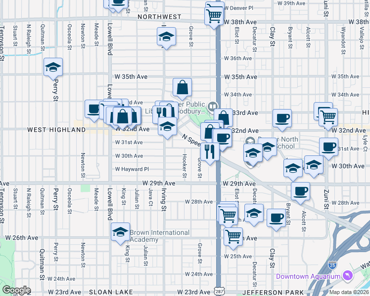 map of restaurants, bars, coffee shops, grocery stores, and more near Hooker Street & West 31st Avenue in Denver