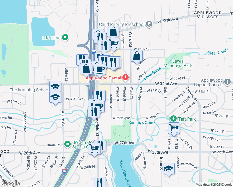 map of restaurants, bars, coffee shops, grocery stores, and more near 3130 Wright Court in Wheat Ridge