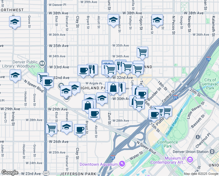 map of restaurants, bars, coffee shops, grocery stores, and more near 3101 Zuni Street in Denver