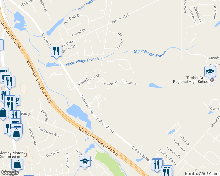 map of restaurants, bars, coffee shops, grocery stores, and more near 913 Burberry Court in Sicklerville
