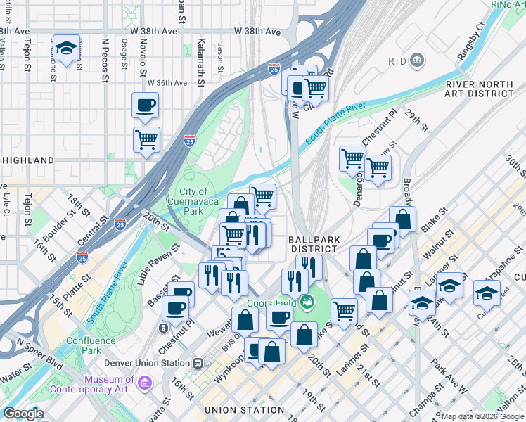 map of restaurants, bars, coffee shops, grocery stores, and more near 3030 Huron Street in Denver