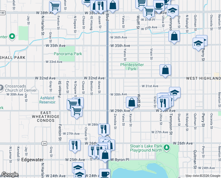 map of restaurants, bars, coffee shops, grocery stores, and more near 3030 Sheridan Boulevard in Denver