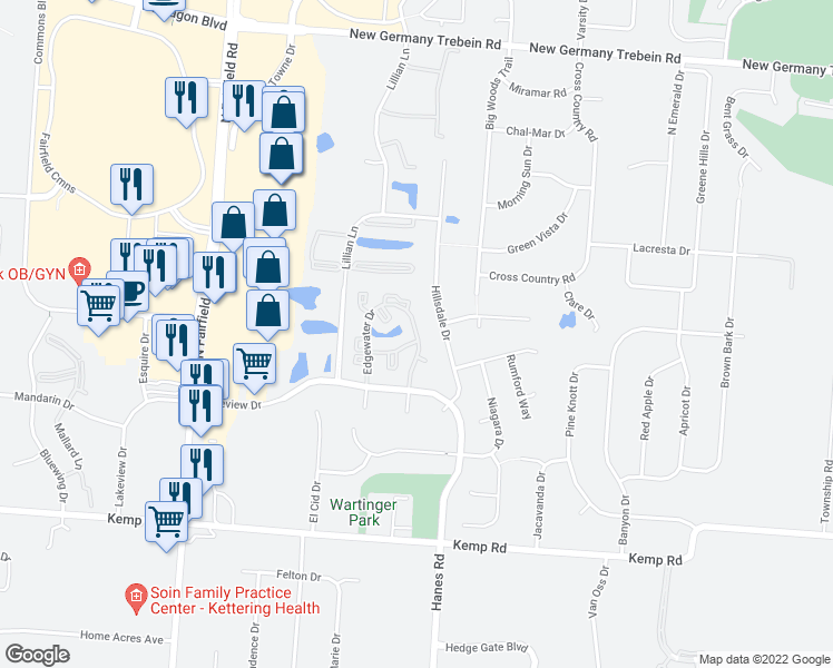 map of restaurants, bars, coffee shops, grocery stores, and more near 2494 Heather Glen Drive in Beavercreek