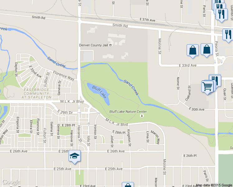 map of restaurants, bars, coffee shops, grocery stores, and more near Bluff Lake Trail in Denver