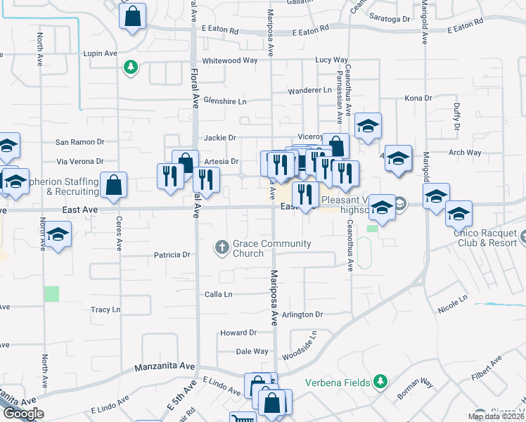map of restaurants, bars, coffee shops, grocery stores, and more near in Chico