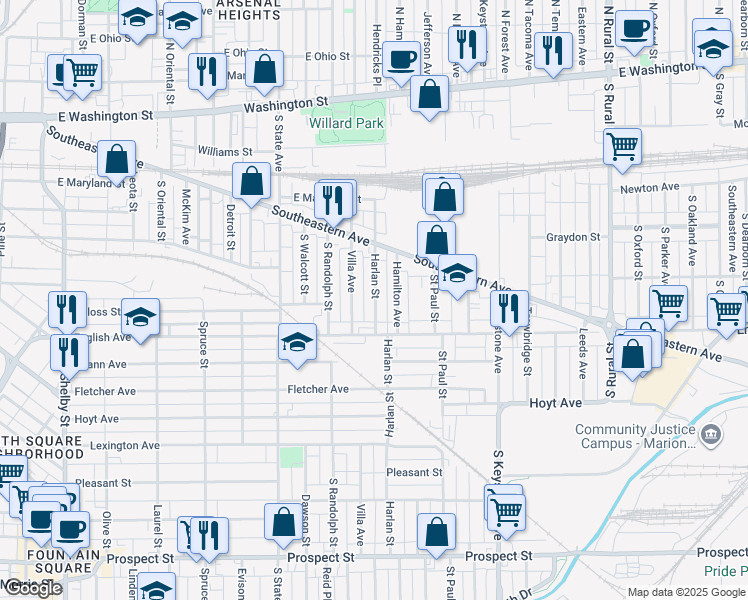 map of restaurants, bars, coffee shops, grocery stores, and more near 414 Harlan Street in Indianapolis
