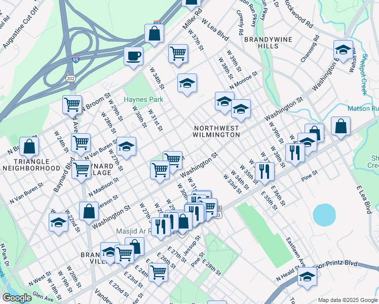 map of restaurants, bars, coffee shops, grocery stores, and more near 3211 North Jefferson Street in Wilmington