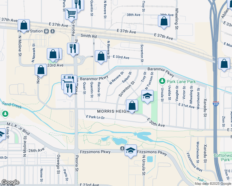 map of restaurants, bars, coffee shops, grocery stores, and more near 3125 Scranton Street in Aurora