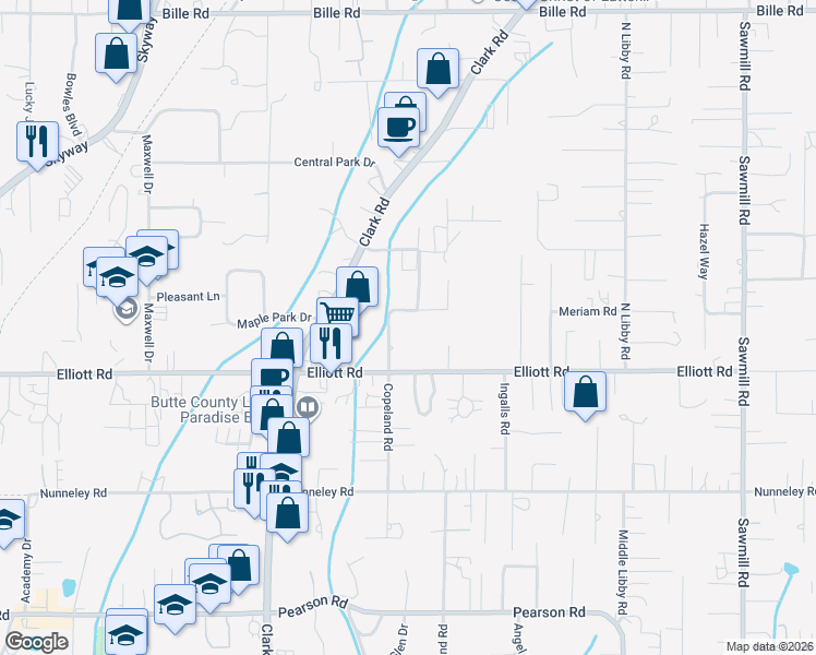 map of restaurants, bars, coffee shops, grocery stores, and more near 5892 Copeland Road in Paradise