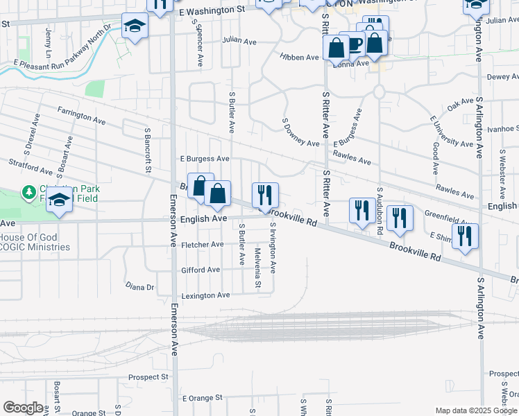 map of restaurants, bars, coffee shops, grocery stores, and more near 5329 South Brookville Road in Indianapolis