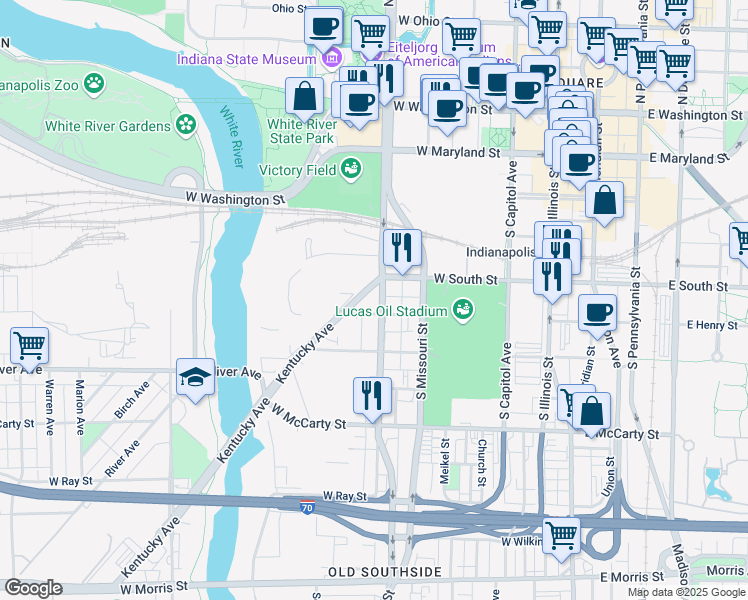 map of restaurants, bars, coffee shops, grocery stores, and more near 401 Kentucky Ave in Indianapolis