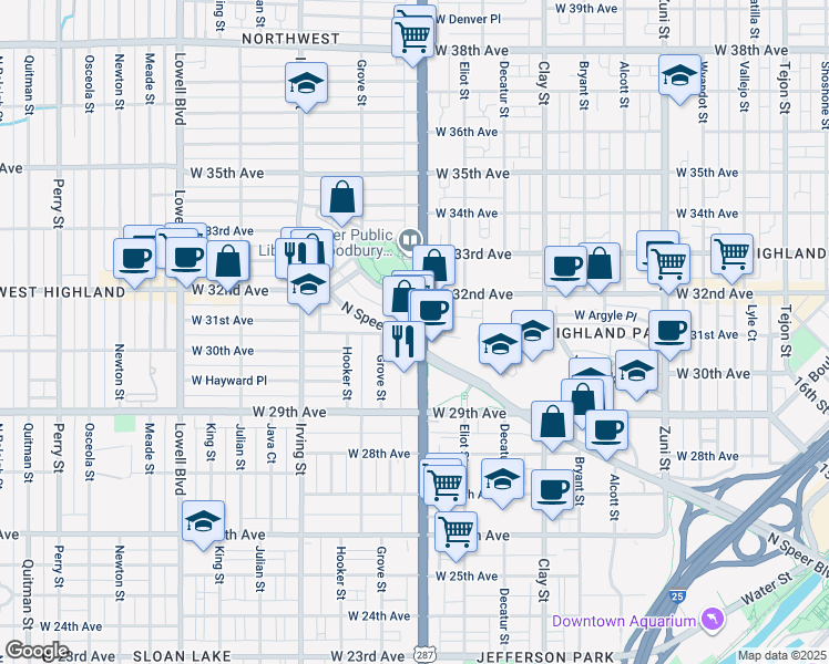 map of restaurants, bars, coffee shops, grocery stores, and more near 3010 Speer Boulevard in Denver