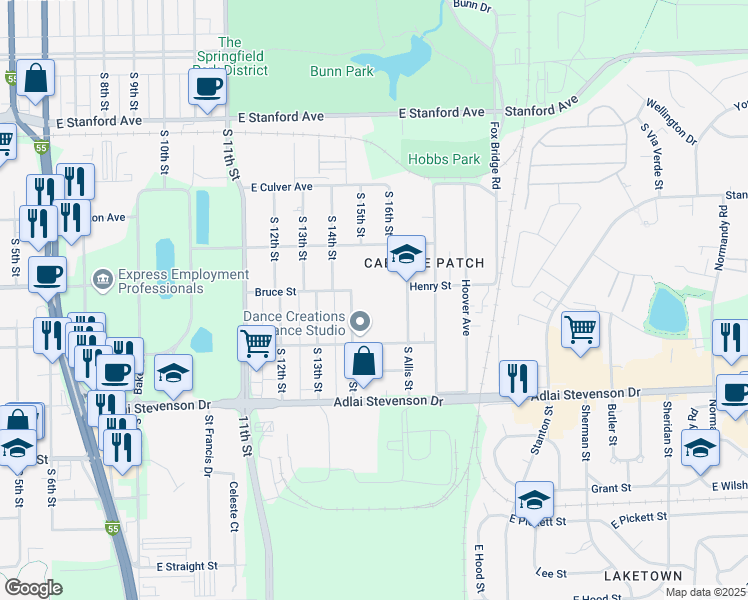 map of restaurants, bars, coffee shops, grocery stores, and more near 3001 South Allis Street in Springfield