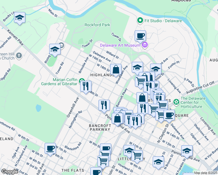 map of restaurants, bars, coffee shops, grocery stores, and more near 2313 West 16th Street in Wilmington