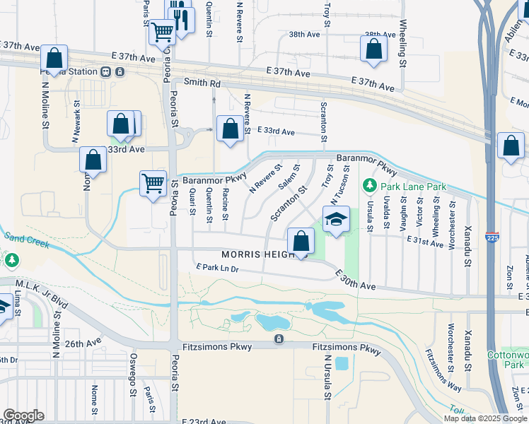 map of restaurants, bars, coffee shops, grocery stores, and more near 3125 Scranton Street in Aurora
