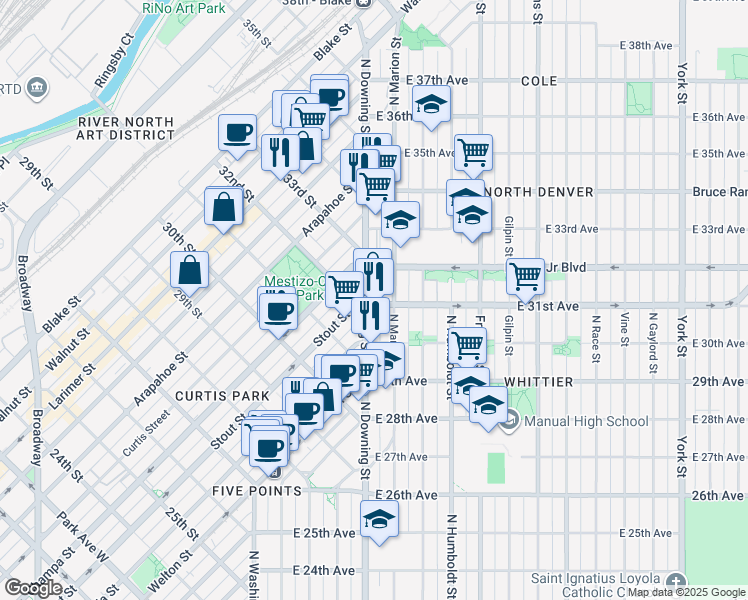 map of restaurants, bars, coffee shops, grocery stores, and more near 3090 North Downing Street in Denver